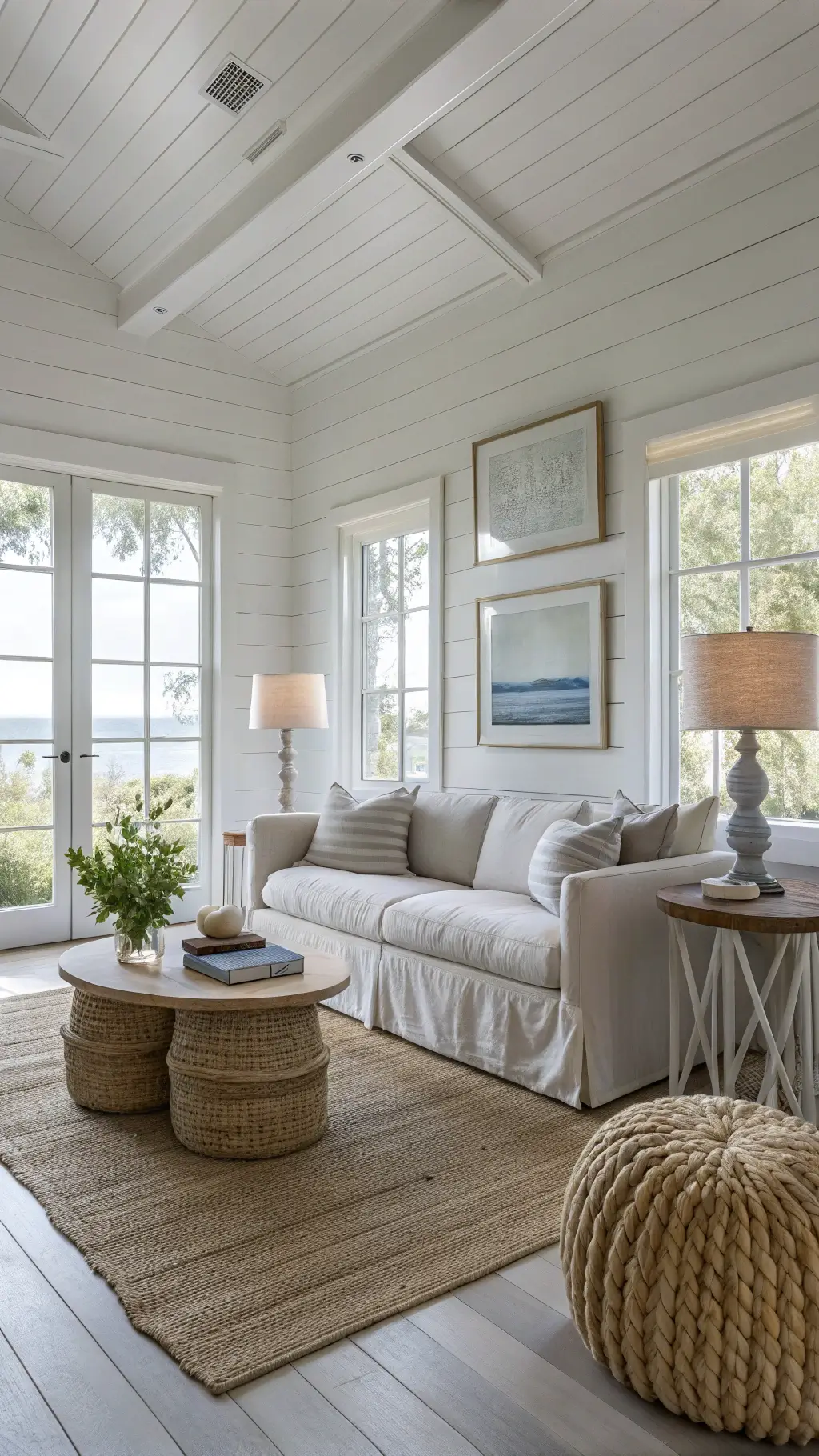 Coastal living room with whitewashed walls, oak floors, slipcovered sofa, Jute poufs, seagrass rug, beach-themed art collection, and shell and driftwood decor on coffee table, bathed in soft afternoon light.