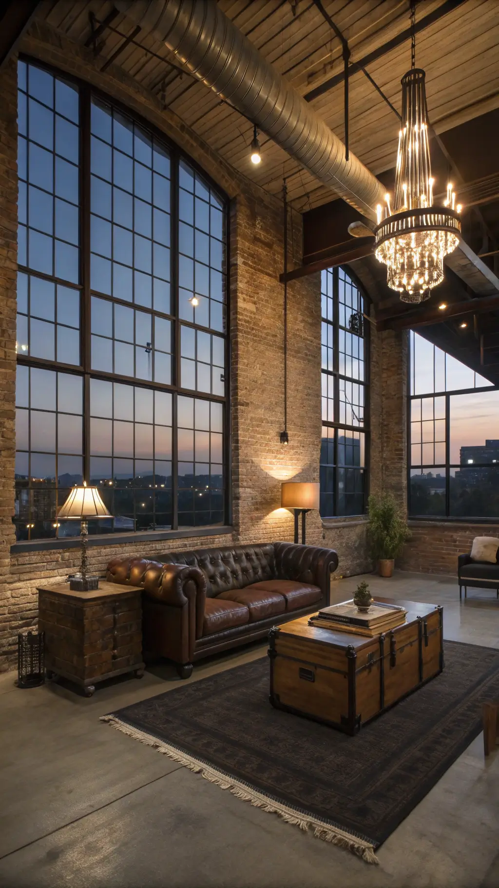Industrial loft living space at twilight with high ceilings, steel beams, large windows, LED-lit brick wall, Chesterfield sofa, vintage trunk coffee table, arc floor lamp, vintage table lamps, and a dark grey rug on concrete floors.