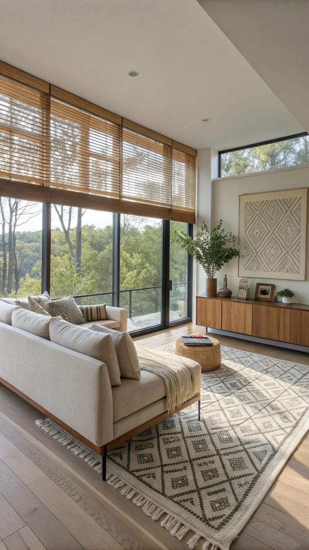 Bright and airy Japandi-style living room with bamboo blinds, platform sofa, handmade pottery and art, and emphasis on natural morning light.
