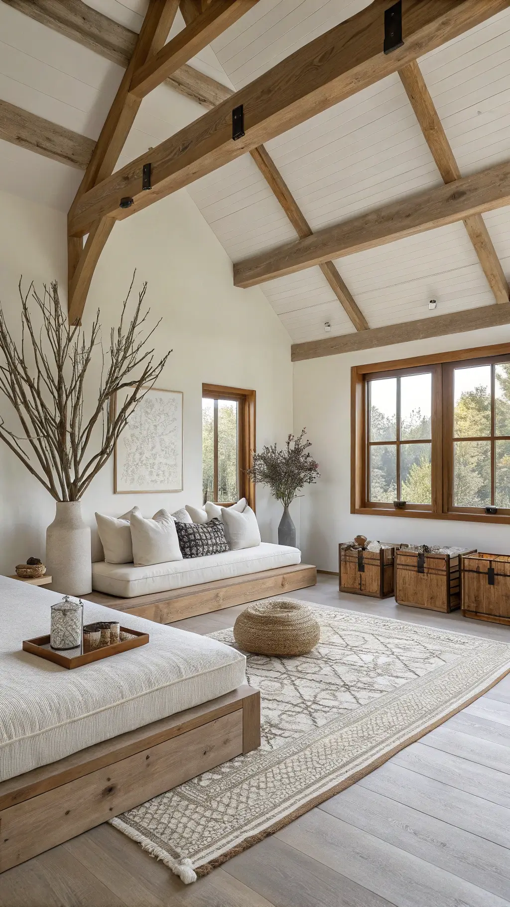Minimalist Japandi great room at dawn with cedar beams, white lime-washed walls, platform seating with linen cushions, dried branches in ceramic vessel, vintage wooden box side tables, and a geometric silk-wool rug, with early morning light creating an ethereal atmosphere.