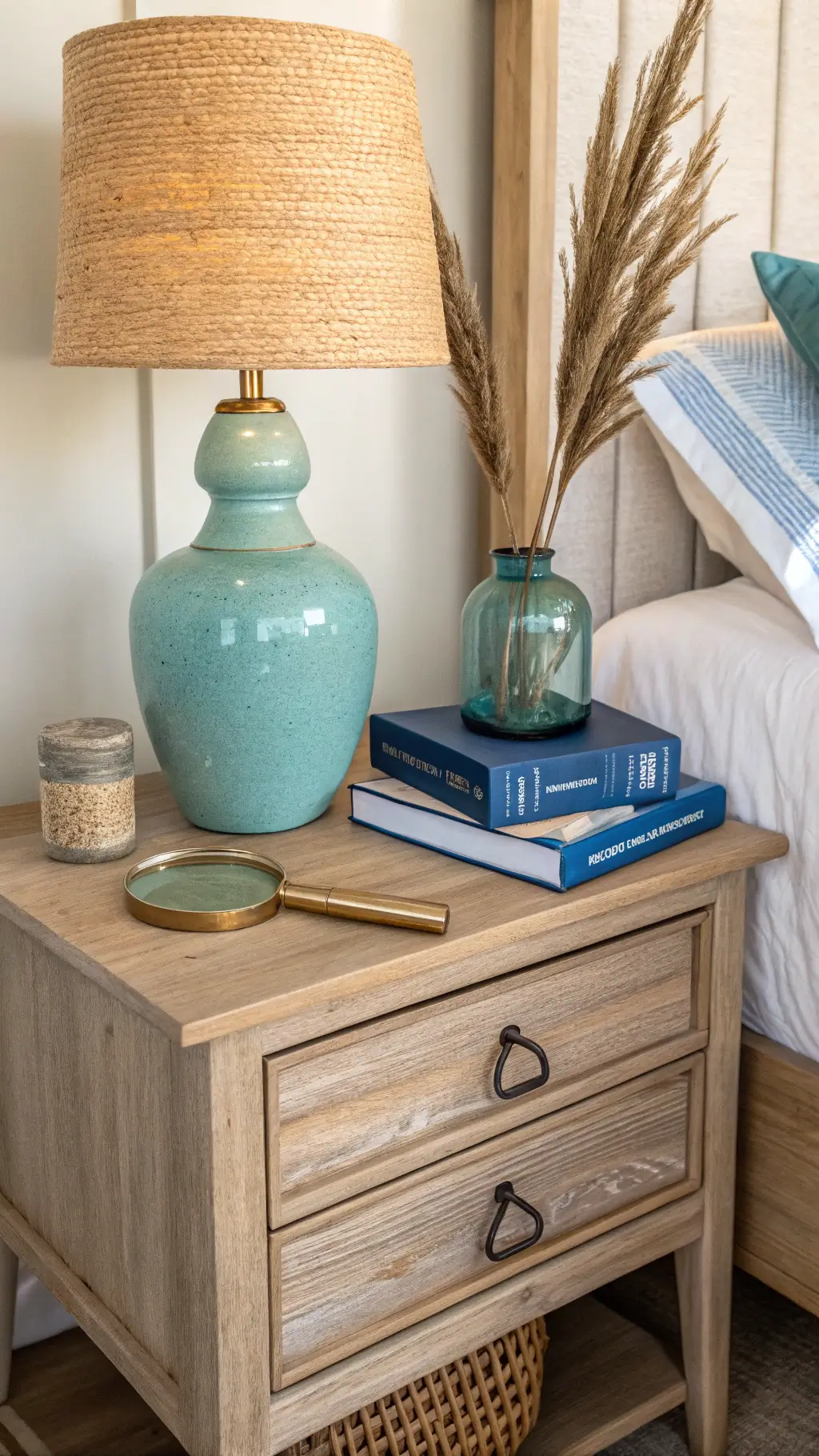 Detail shot of a morning-lit bedroom focusing on a bleached oak nightstand with a ceramic lamp, hand-thrown pottery vessel with dried pampas grass, stacked blue-toned books, a brass magnifying glass, and a piece of driftwood.
