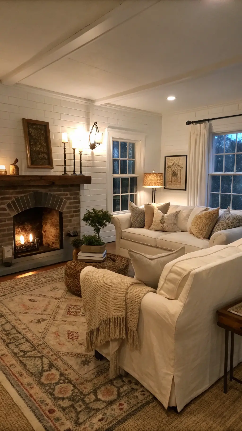 1906cozy rustic living room dusk fireplace