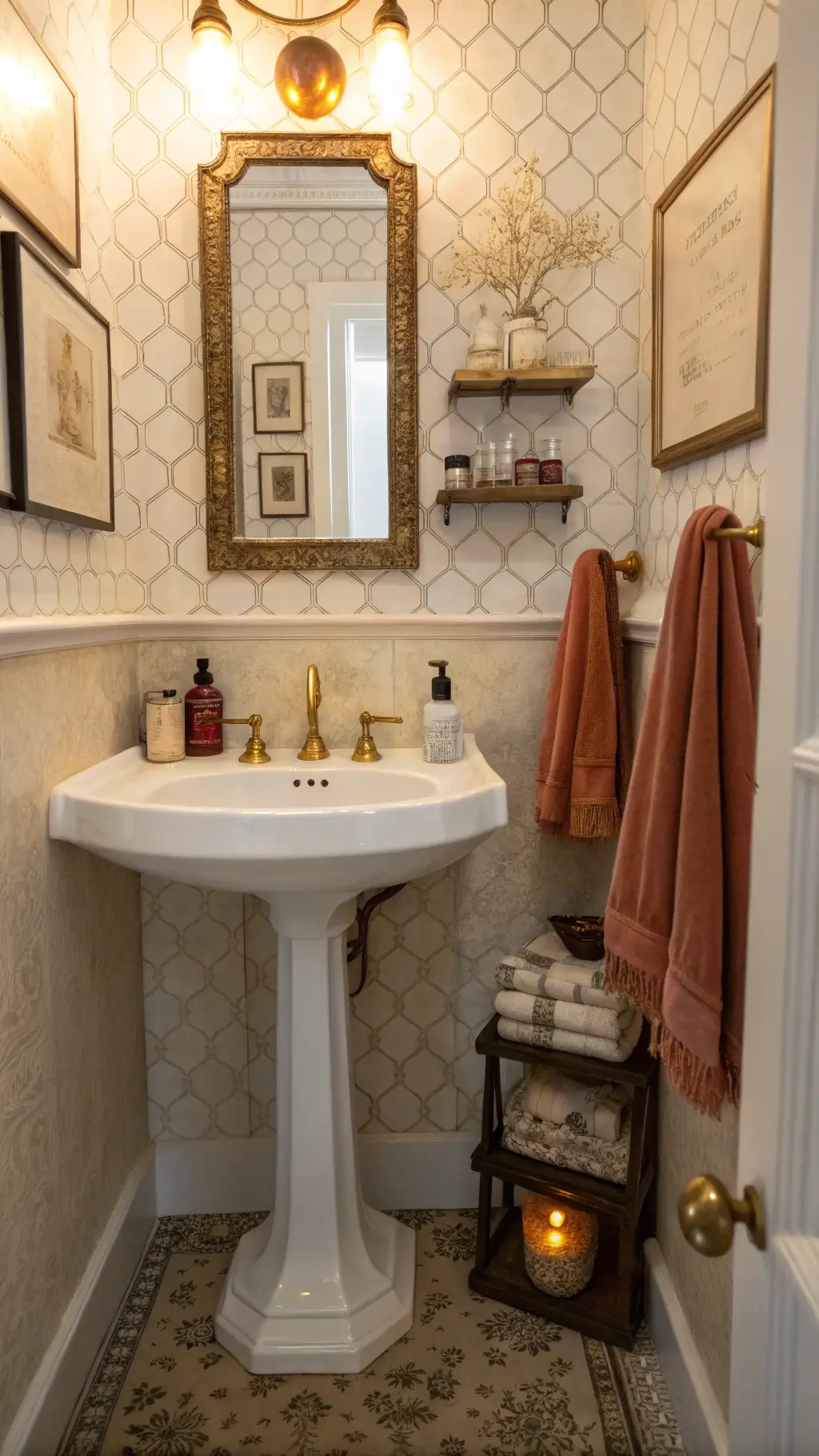 Vintage pedestal sink with brass faucet in a 6x8ft powder room, highlighted by sconce lighting and adorned with Turkish terracotta hand towels and essential oils in amber glass bottles, with backdrop of handmade soft white ceramic tiles and antique medicine cabinet.