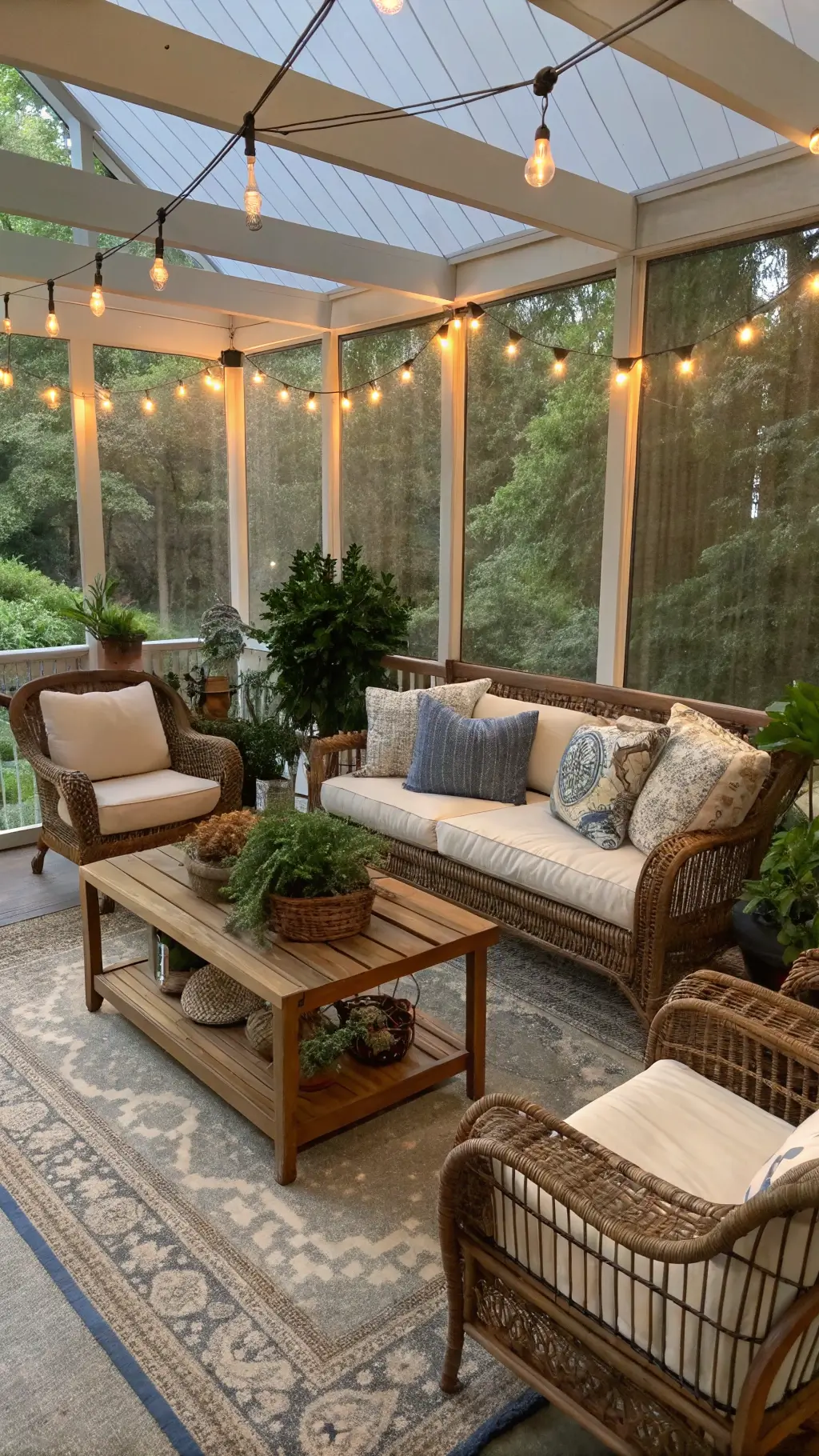 Vintage styled screened porch with rattan furniture, reclaimed wood coffee table, zinc planters with trailing vines, strung market lights, layered vintage textile pillows, painted concrete floor with area rug, and pottery with herbs and succulents.