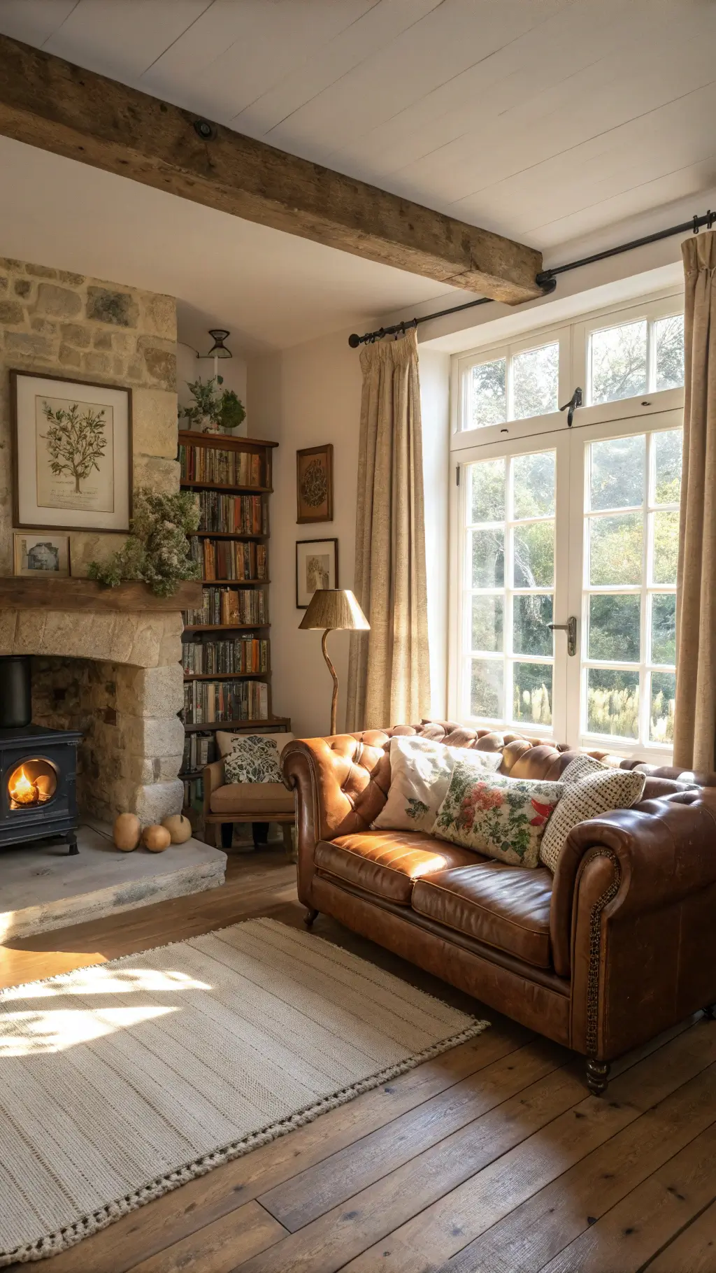 Sunlit cottage living room with leather sofa, stone fireplace, built-in bookshelves, brass floor lamp, and ceiling beams, decorated with floral cushions, leather-bound books, botanical prints, and a cream knit throw on a rattan armchair.