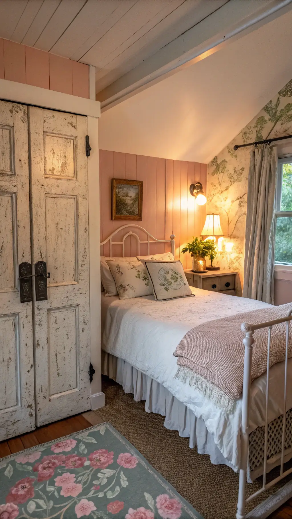 Cozy cottage bedroom at dusk with blush walls, iron bed with white linen and vintage quilt, mismatched nightstands with ceramic lamps, weathered armoire with linens, and botanical wallpaper accent wall.