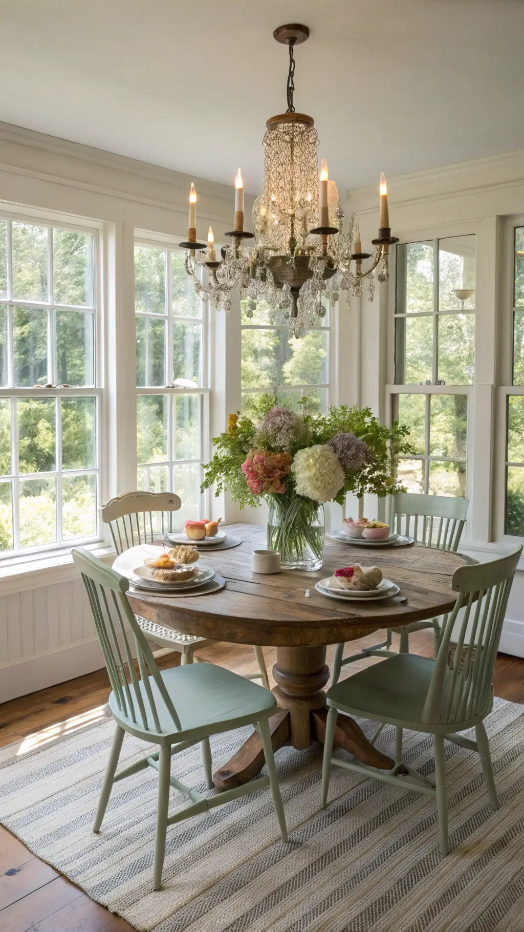 Sunlit cottage dining room with round oak table, mixed wooden chairs, vintage chandelier, beeswax candlesticks, wild flower arrangements, and striped linen runner, captured from the corner to emphasize light and depth.