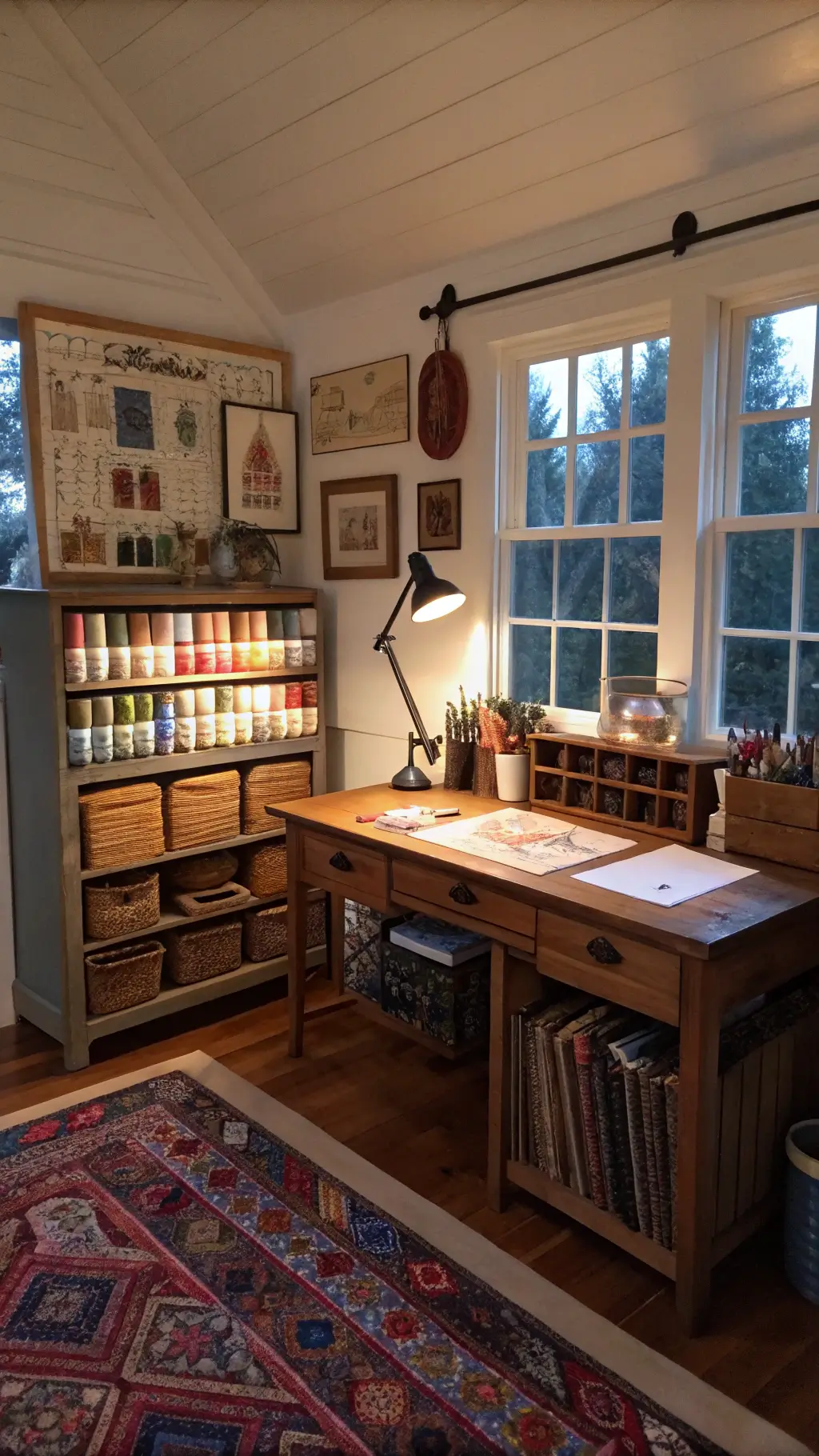 Cozy cottage studio at dusk with north-facing windows, displaying colorful yarns and fabrics on open shelves, vintage mason jars on a painted desk, antique lamp and a pegboard wall with botanical prints and organized tools.