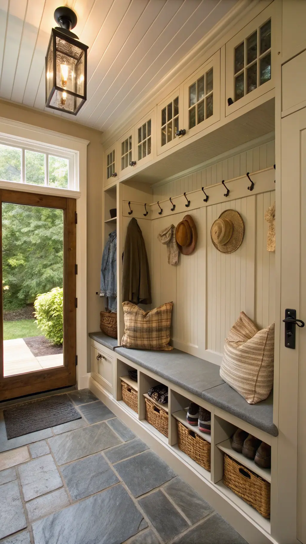 Afternoon light illuminating a 6x8ft cottage mudroom with custom beadboard storage, vintage crate shoe storage, garden hats on hooks, and drying herbs on a ceiling-mounted rack.