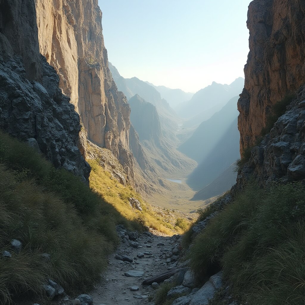 Narrow hiking trail on a steep mountainside with rocky cliffs, overlooking an expansive alpine valley and distant mountain ranges in morning golden light, high altitude alpine landscape with clear mountain details, no people visible.