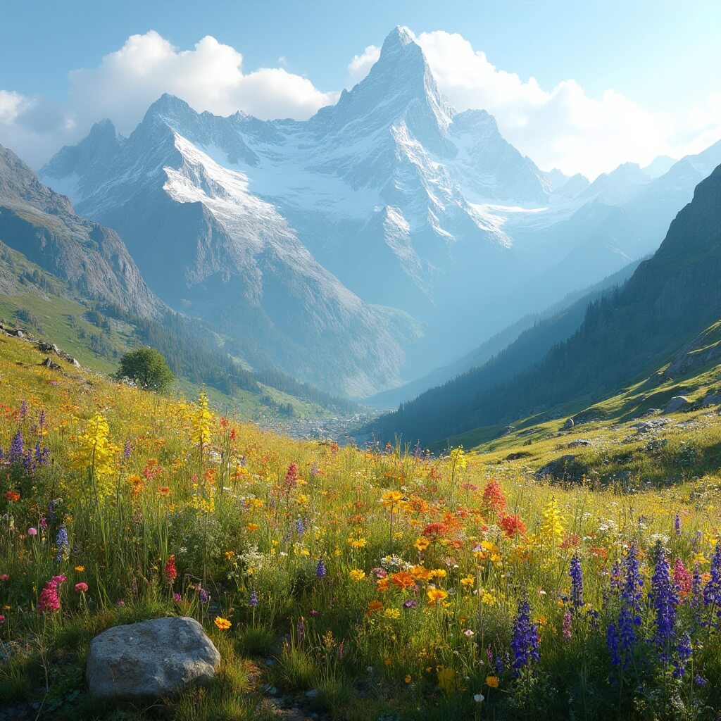 Panoramic view of vibrant alpine wildflower meadow with snowy mountain peaks in the background at sunrise