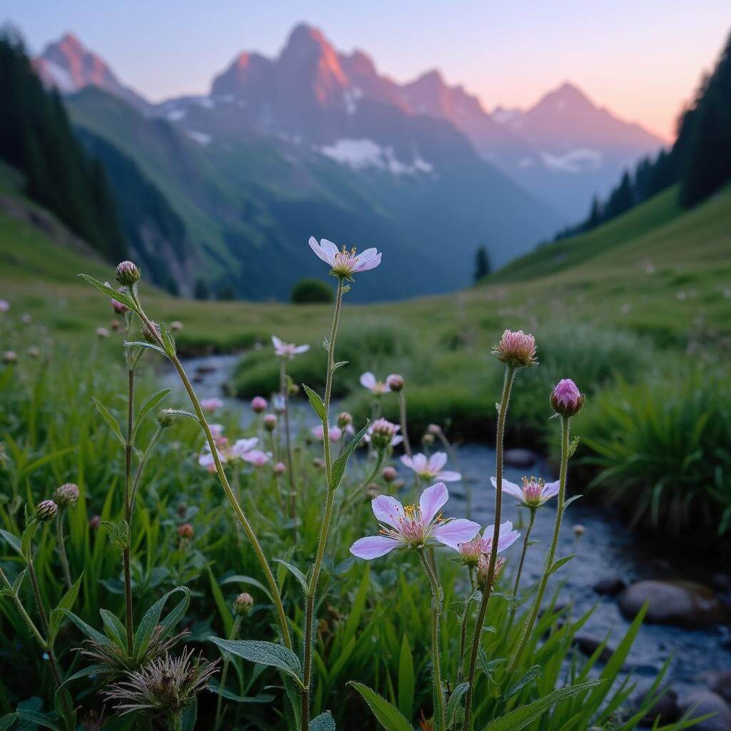 Sunrise over serene alpine meadow with glistening dew on wildflowers, pink glow on mountain peaks and a clear stream winding through.