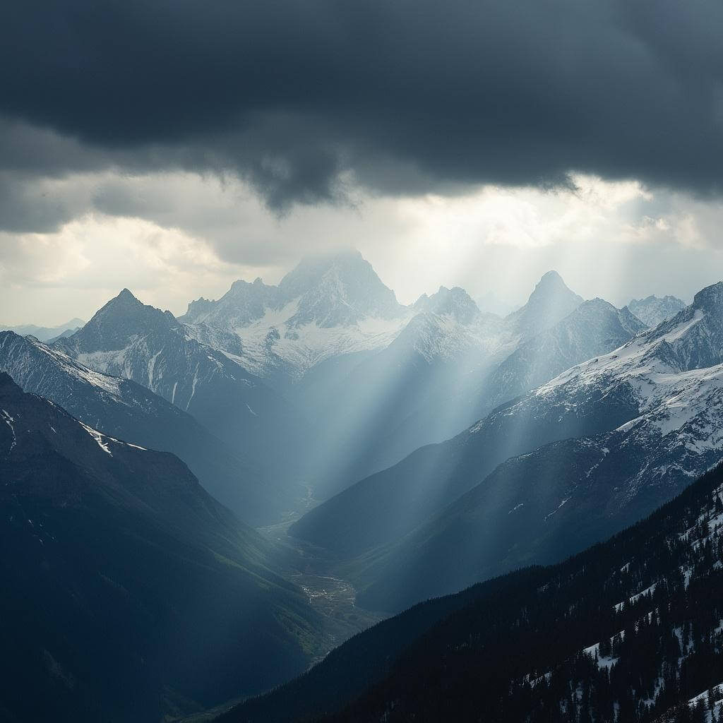 Alpine storm with dark clouds over snow-capped peaks with patches of sunlight creating dramatic light rays across the rugged landscape