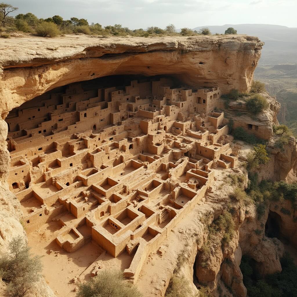 Wide-angle perspective of Cliff Palace showing its multi-story cliff dwelling complex with 150 rooms and 20 kivas integrated into the natural cliff face