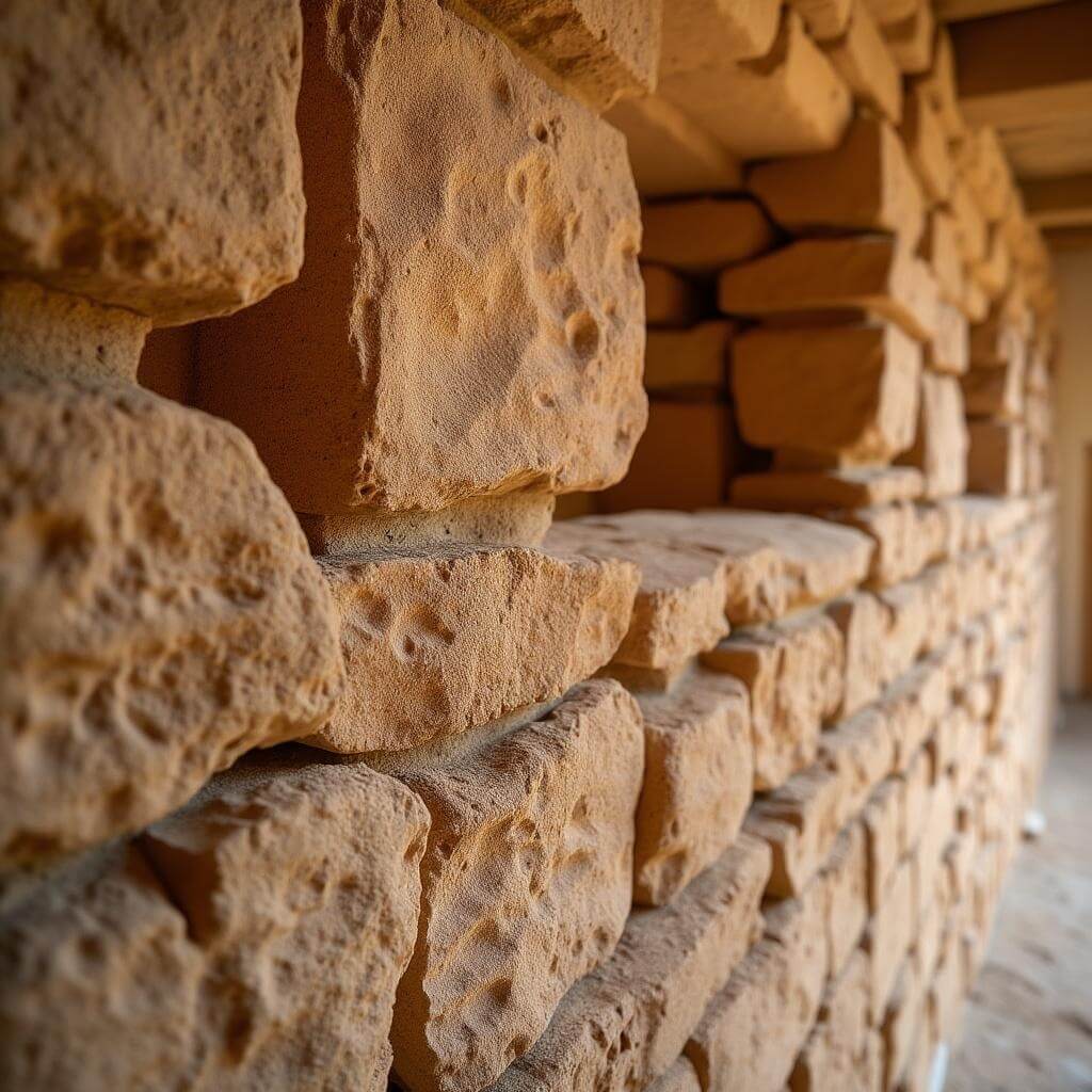 Close-up view of ancient Puebloan sandstone block dwelling wall with detailed craftsmanship