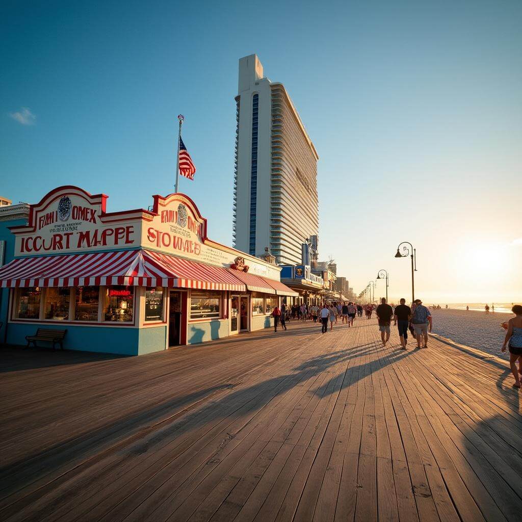 Golden hour view of Atlantic City Boardwalk highlighting contrast between vintage family-owned saltwater taffy shop and modern casino tower, with tourists and beachgoers adding dynamic movement