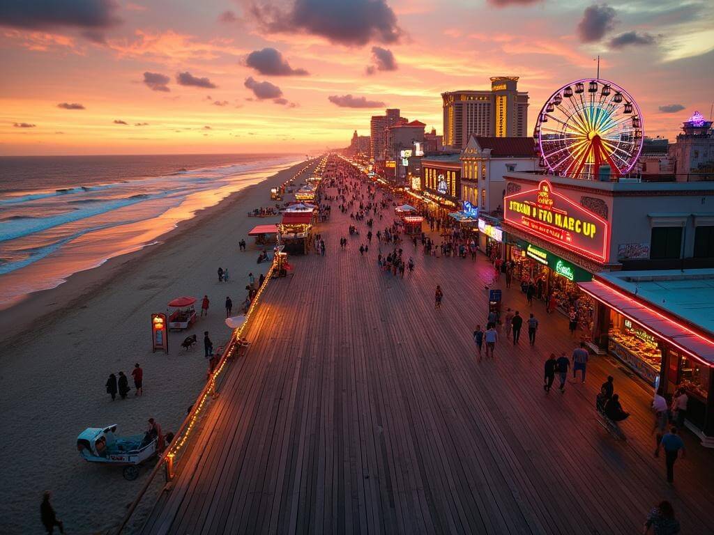 "Aerial sunset view of the Atlantic City Boardwalk with Steel Pier Ferris wheel, glowing casinos, saltwater taffy stands, tourists, reflecting ocean hues and vintage string lights overhead."