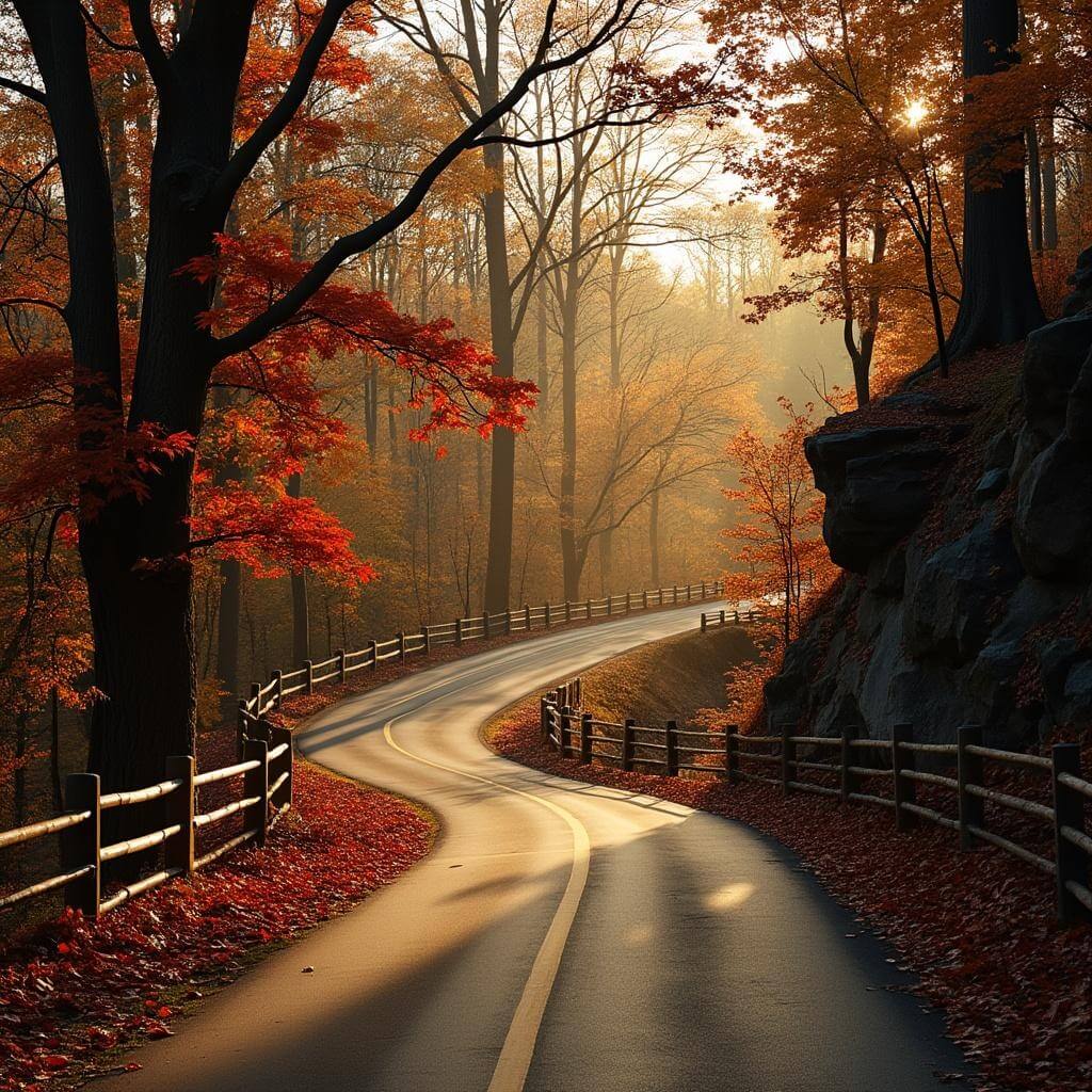 Historic winding road amidst dense autumn-colored forest at golden hour with sun rays piercing through tall oak and maple trees