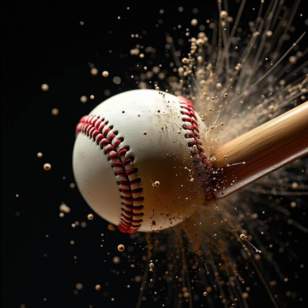 High-speed photograph of a baseball compressing against a wooden bat at moment of impact in dramatic lighting