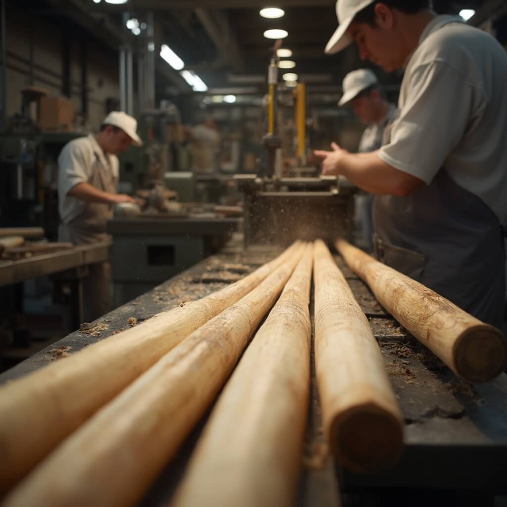 Close-up image inside a factory showcasing wooden baseball bat billets being expertly machined, focusing on the wood grain, metallic machinery, and craftsmen's hands at work