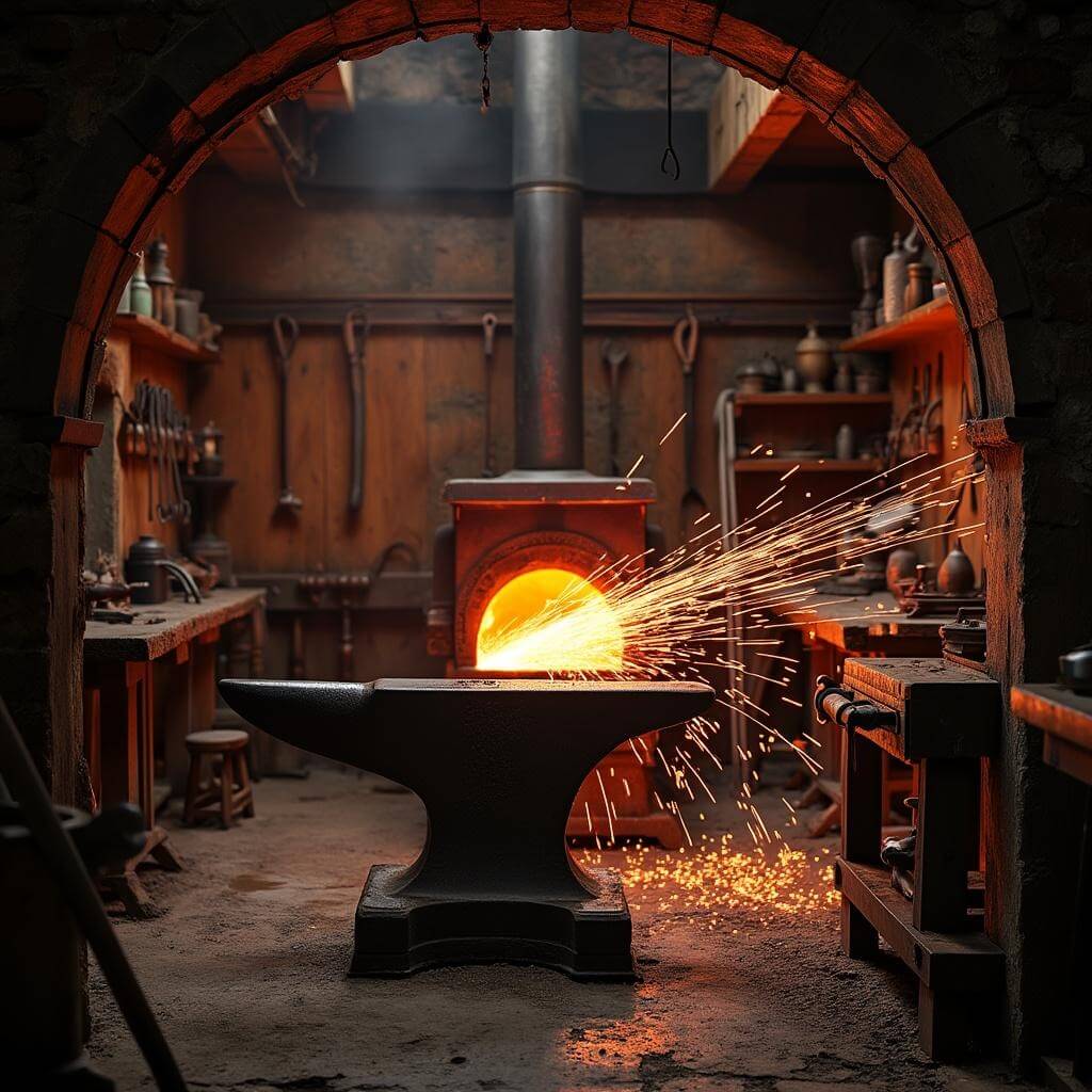 Blacksmith hammering hot metal on an anvil with sparks flying in a traditional 19th-century workshop, lit by a warm forge glow, surrounded by hanging tools and a soot-covered workspace