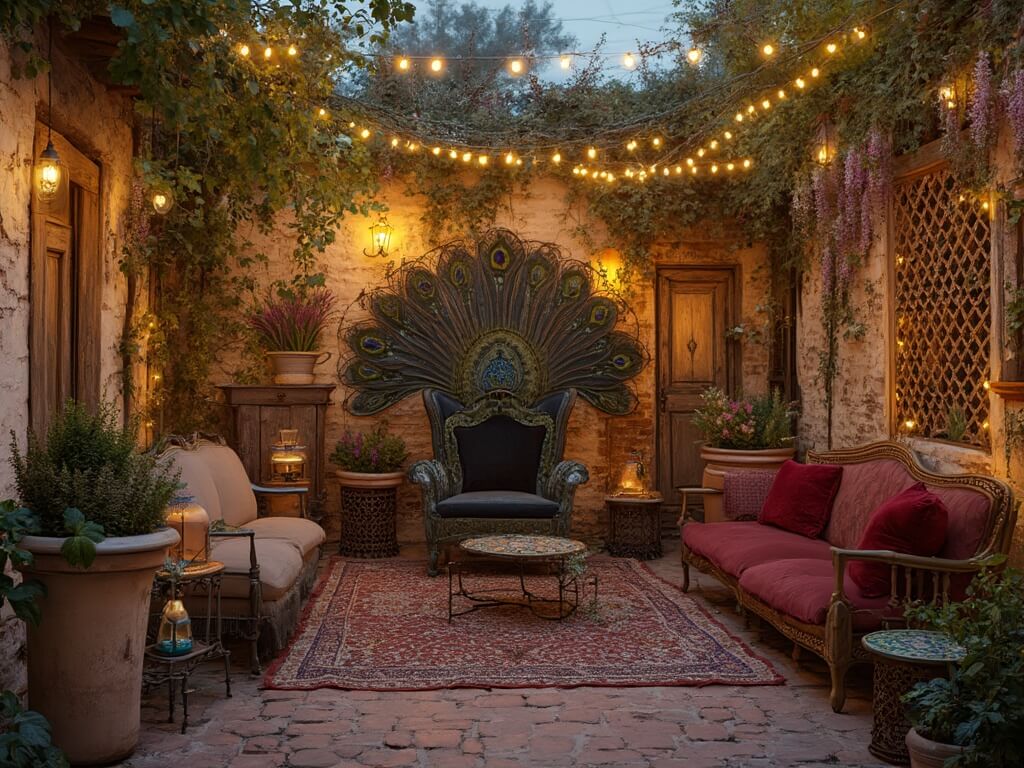 "Whimsical bohemian patio sanctuary at dusk with string lights, eclectic macramé plant hangers, vintage furniture, and fairy lights intertwined with climbing wisteria on lattice screens"