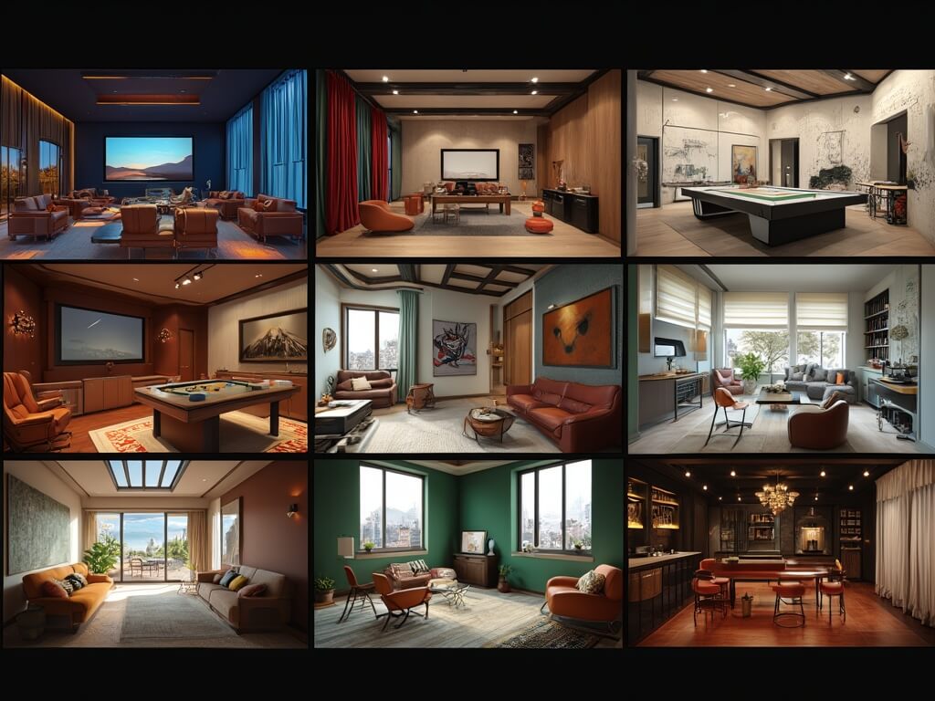 "Cinematic interior design collage featuring 7 distinct bonus room transformations including a home theater, industrial game room, craft studio, modern office, kids' room, reading corner, and speakeasy."