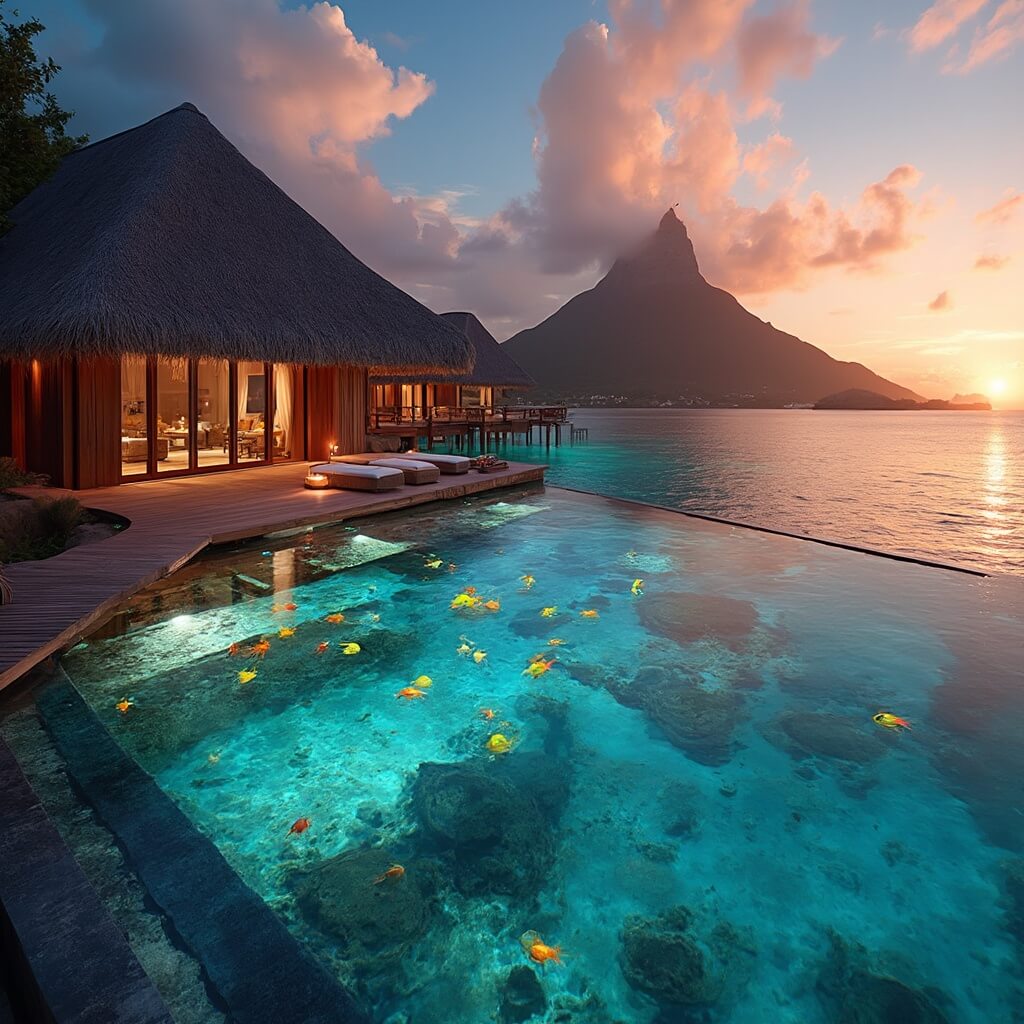 Overwater luxury bungalow with glass floor panels showing tropical fish, extended wooden walkways into azure waters, and silhouette of Mount Otemanu against orange-pink sunset sky