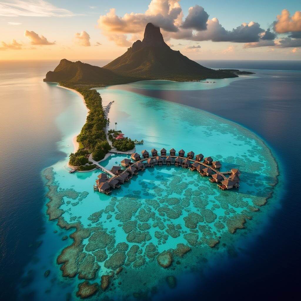 Aerial view of Bora Bora's overwater bungalow resort with turquoise lagoon, partially bleached coral reefs, and Mount Otemanu during golden hour