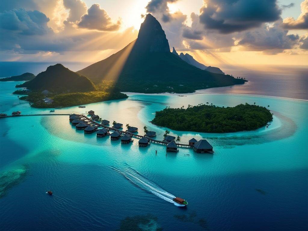 "Aerial drone view of Mount Otemanu in Bora Bora at sunset, with overwater bungalows, emerald islets, and outrigger canoes on a turquoise lagoon"