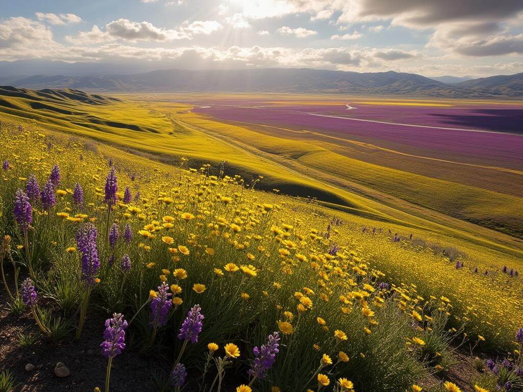 "Aerial view of Carrizo Plain National Monument with fields of yellow and purple wildflowers, San Andreas Fault line, rolling hills, and long shadows during golden hour"