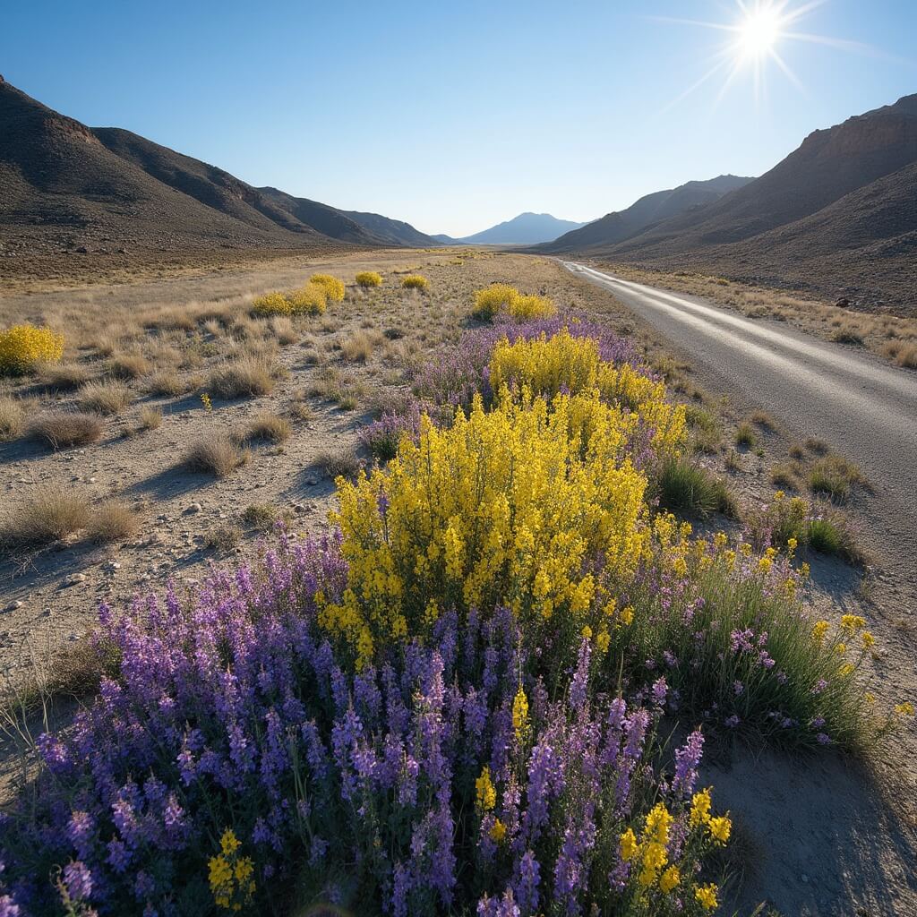 Dramatic color transition of wildflowers in bloom along Seven Mile Road in Carrizo Plain's rugged landscape