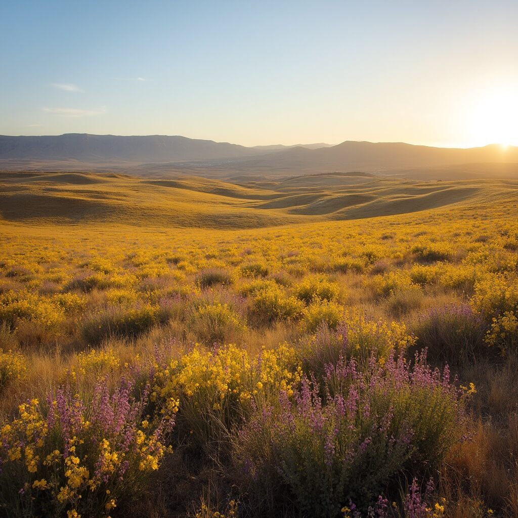 Sweeping sunrise landscape of golden Carrizo Plain with yellow goldfields, purple wildflowers, and distant mountains