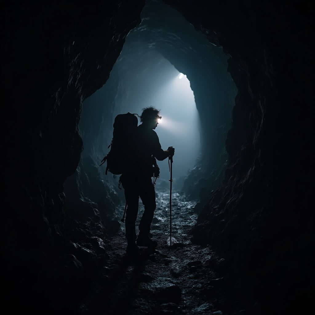 Lone hiker with headlamp exploring narrow winding cave passage, silhouetted against dim cave environment
