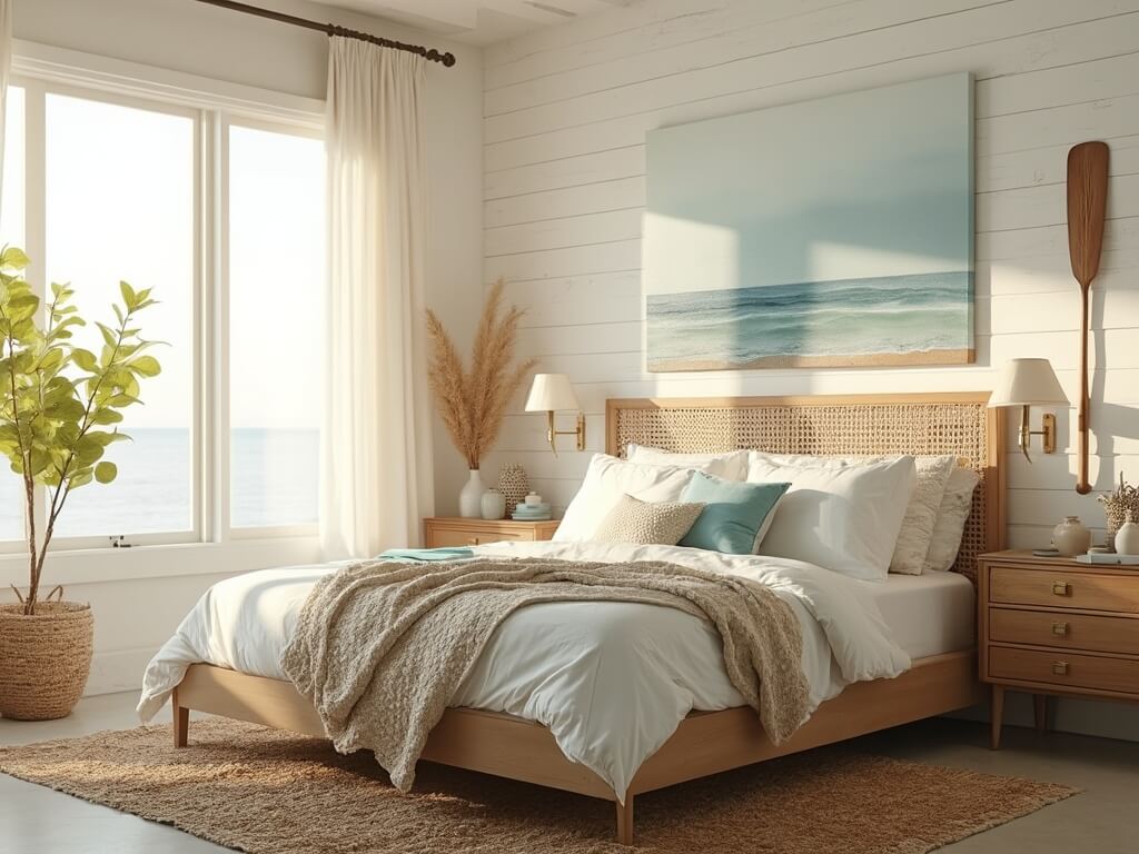 "Sun-drenched coastal chic bedroom with king-sized bed, seagrass headboard, rattan nightstands, and coastal accessories during golden hour"
