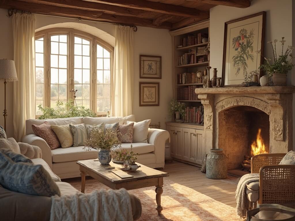 "Cozy cottage living room with sunlight casting across weathered oak floorboards, a cream linen sofa, a stone fireplace, built-in bookshelves filled with leather-bound books and a rustic wooden ceiling during golden hour."
