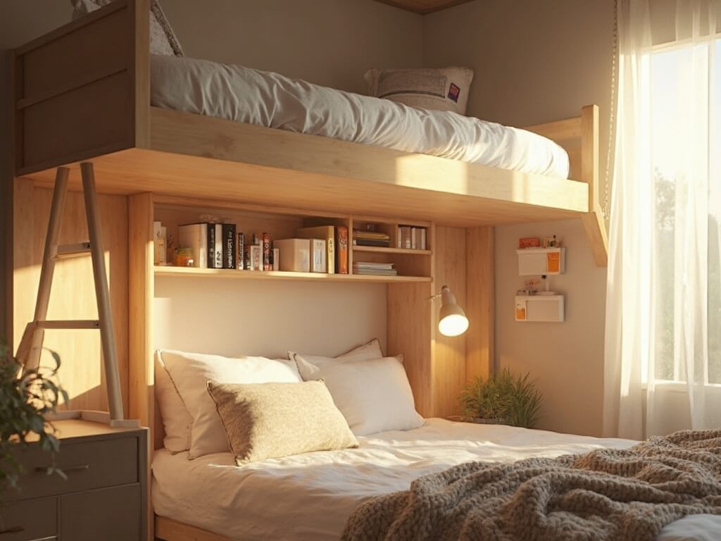 Sunlit dorm room corner with a lofted bed, modern minimalist decor, multiple storage solutions, and warm ambient lighting.