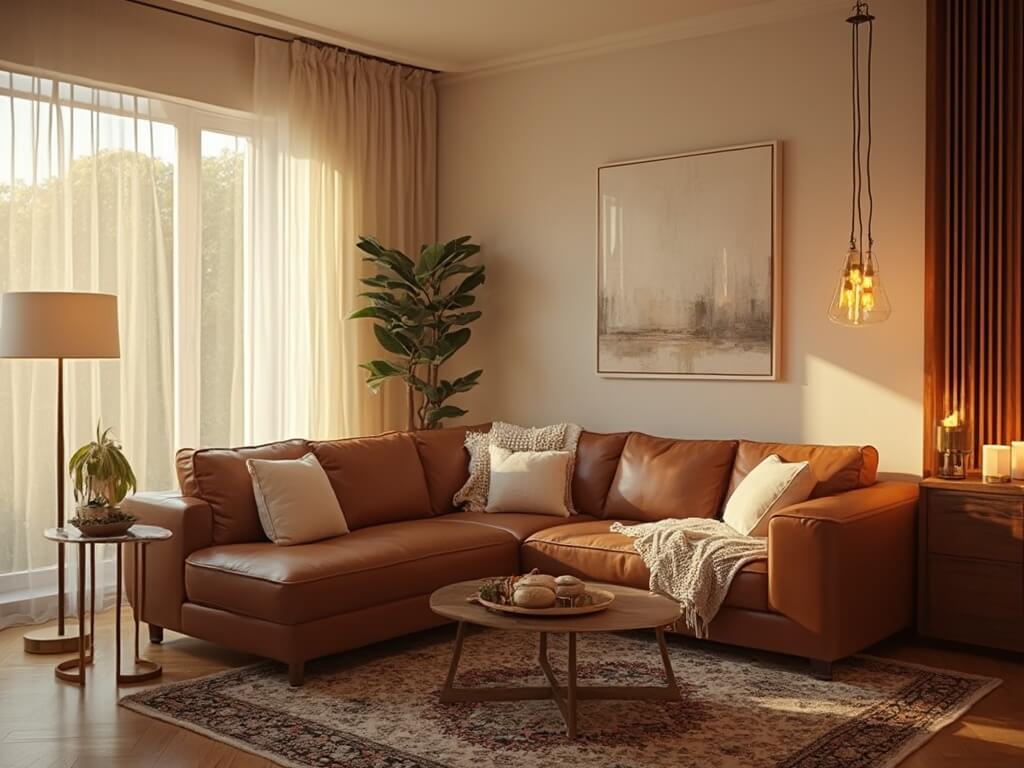 "Luxurious living room at golden hour with layered lighting, leather sofa, brass lamp, abstract art, and sheer curtains"