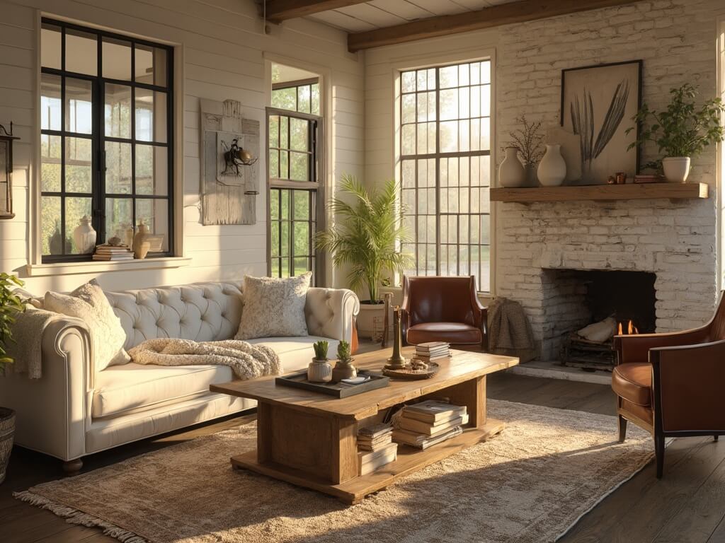"Sun-drenched farmhouse living room during golden hour featuring a cream Chesterfield sofa, weathered oak flooring, black-framed windows, reclaimed wood coffee table, whitewashed brick fireplace and vintage décor."