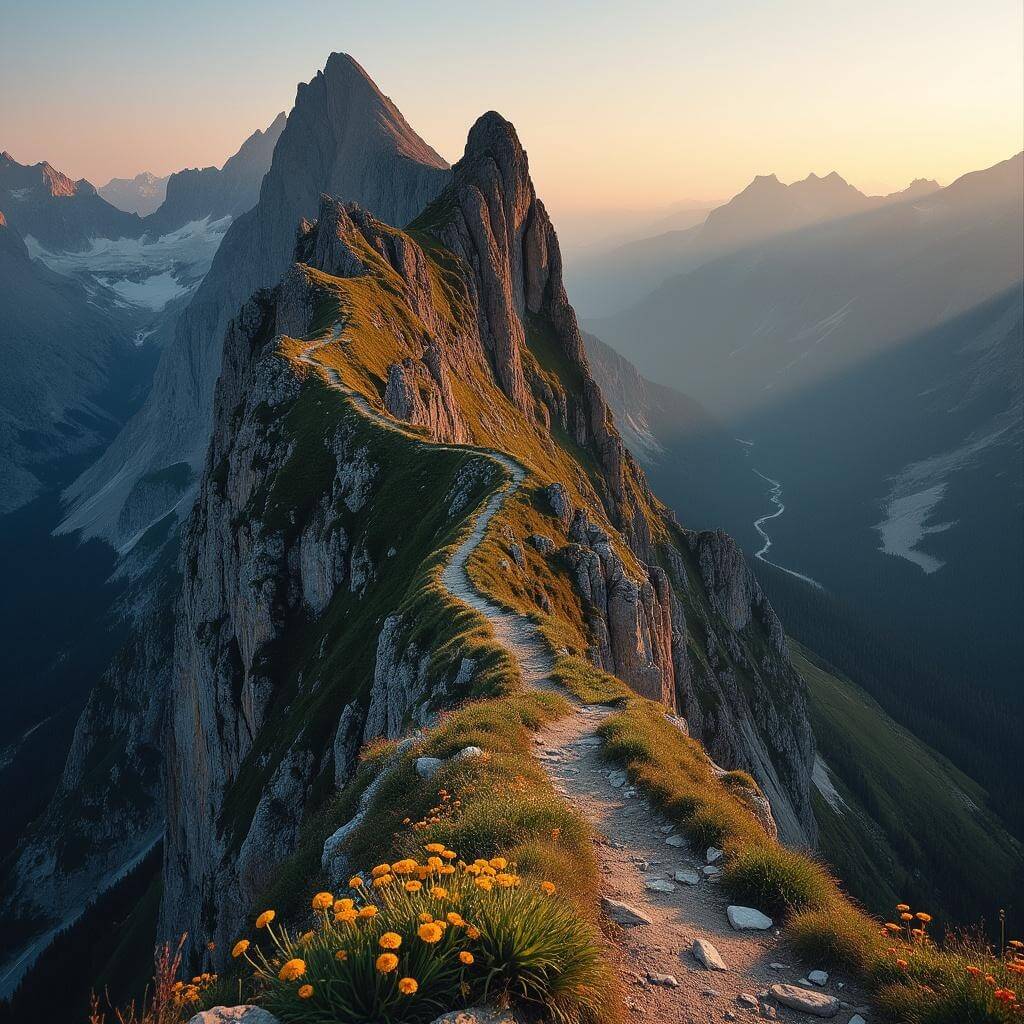Dramatic mountain trail at golden hour with narrow ledge, wildflowers and vast mountain ranges in the background, captured with wide-angle lens