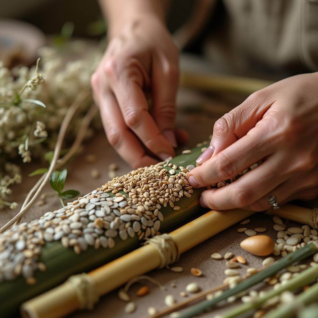 Close-up of hands crafting an eco-friendly float using seeds, dried flowers, and sustainable bamboo, highlighted by soft lighting