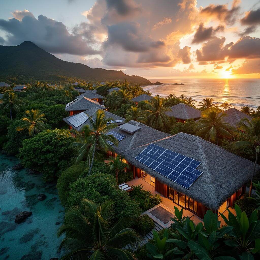 Sunset view of an eco-resort with solar panels on thatched roofs, nestled in lush tropical vegetation and showcasing traditional Polynesian architecture