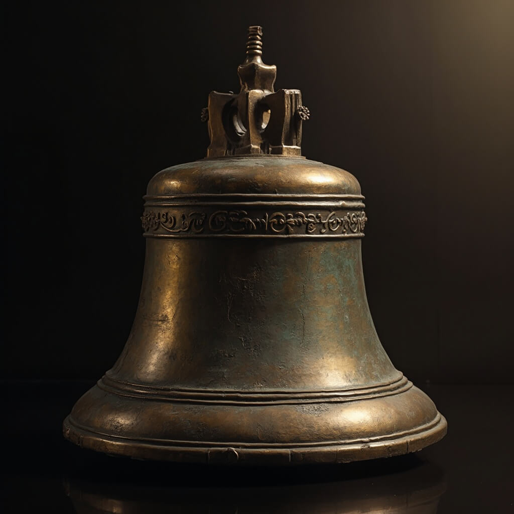 Close-up view of SS Edmund Fitzgerald's historical bronze bell in soft, somber lighting, signifying its importance and the associated maritime tragedy.