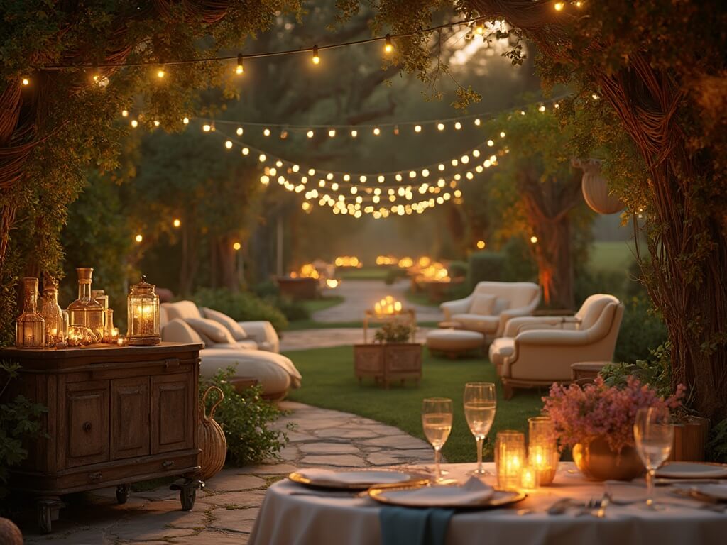 "Luxurious enchanted twilight garden party setup with string lights, vintage lanterns, cream linen seating, and detailed tablescape with a rich, moody atmosphere"