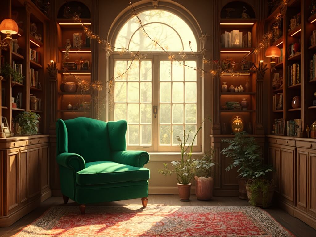 "Enchanted reading nook with emerald velvet chair, built-in bookshelves, ambient lights, eclectic book collection, and layered Persian and Moroccan rugs."