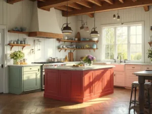 "Sunlit farmhouse kitchen with red island, white cabinets, sage green lower cabinets, and exposed wooden beams, decorated with vintage cookware and fresh hydrangeas"
