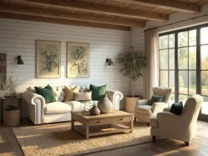 "Sunlit, spacious farmhouse living room featuring cream Chesterfield sofa, oak coffee table, vintage pottery, and textured throw pillows, exposed wooden beams, shiplap accent wall, and vintage botanical prints."