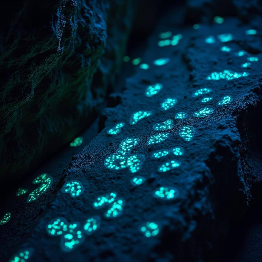 Bioluminescent bacteria illuminating Valentine Cave's dark walls with a natural blue-green glow