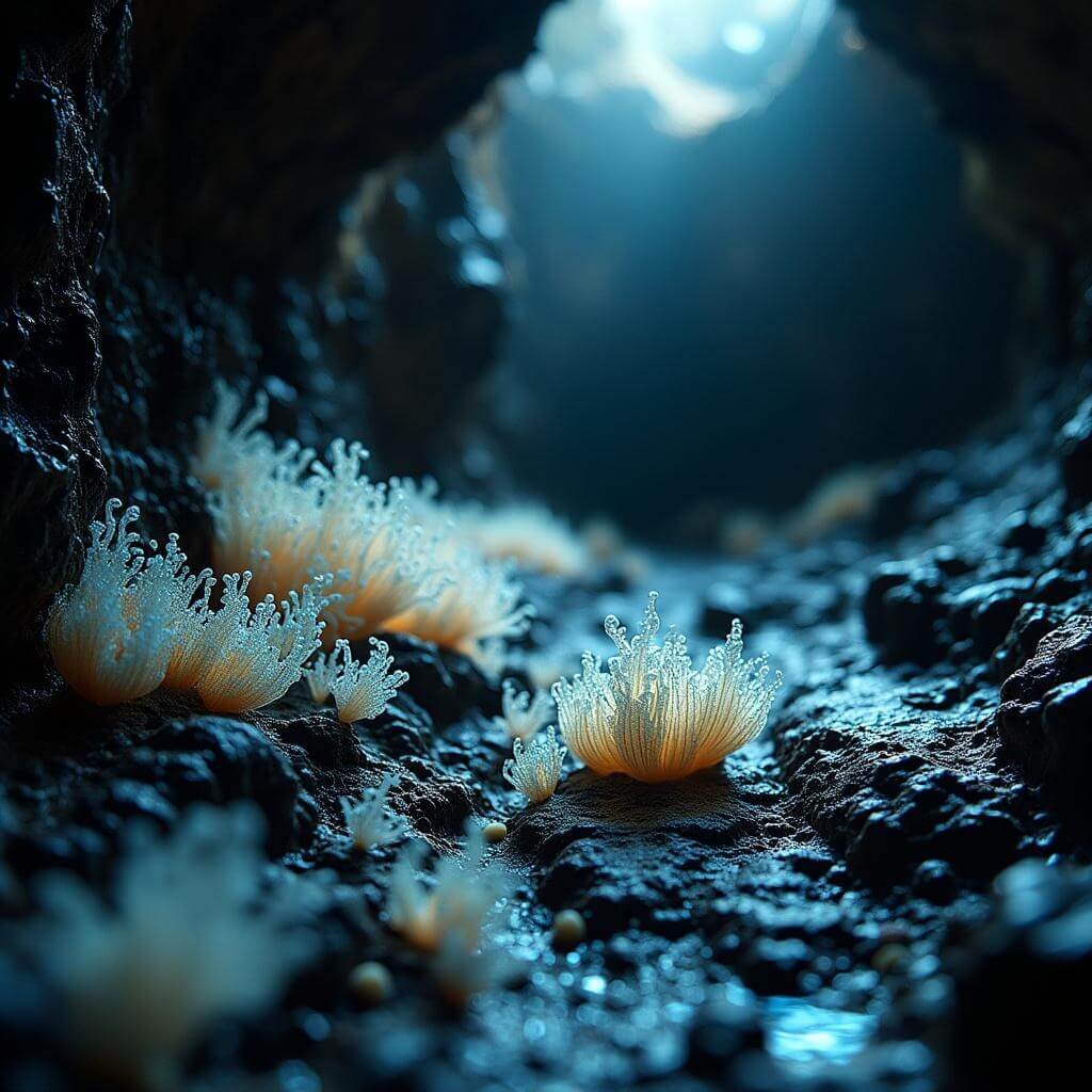 Natural light illuminating bacterial mats in a dark cave, showing intricate patterns of white and pale blue against black volcanic rock
