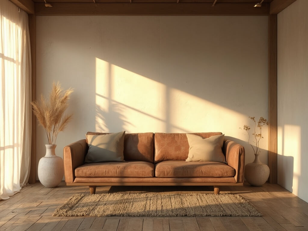 "Minimalist living room during golden hour with natural lighting casting shadows through linen curtains, centering on a weathered leather sofa, ceramic vessels with pampas grass, textured ivory walls and wooden beams, all captured in a muted earth tones palette."